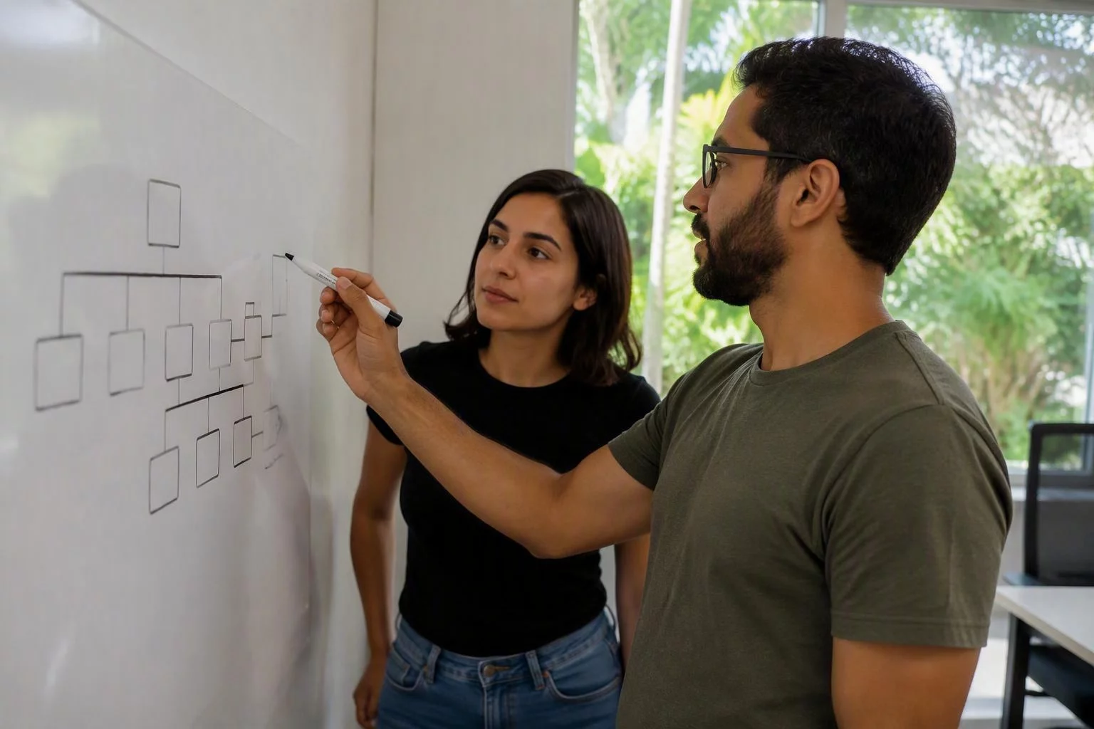 Duas pessoas diante do quadro com o mapa das lojas da rede