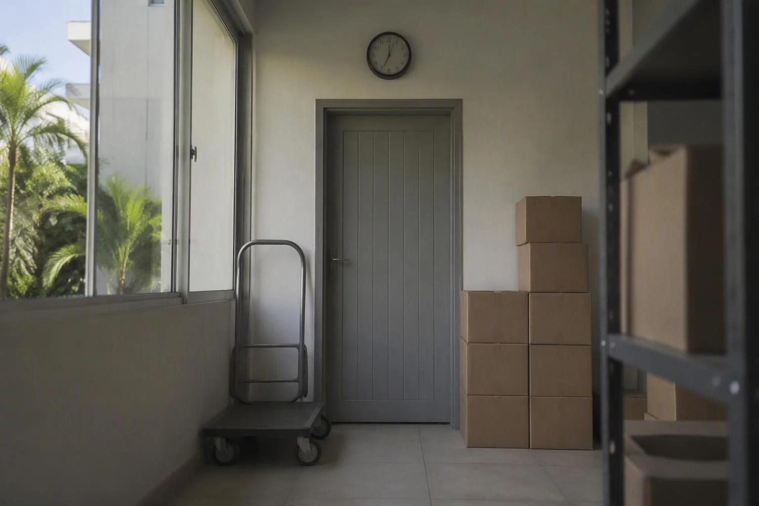 Relógio de parede sobre a porta dos fundos do estoque
