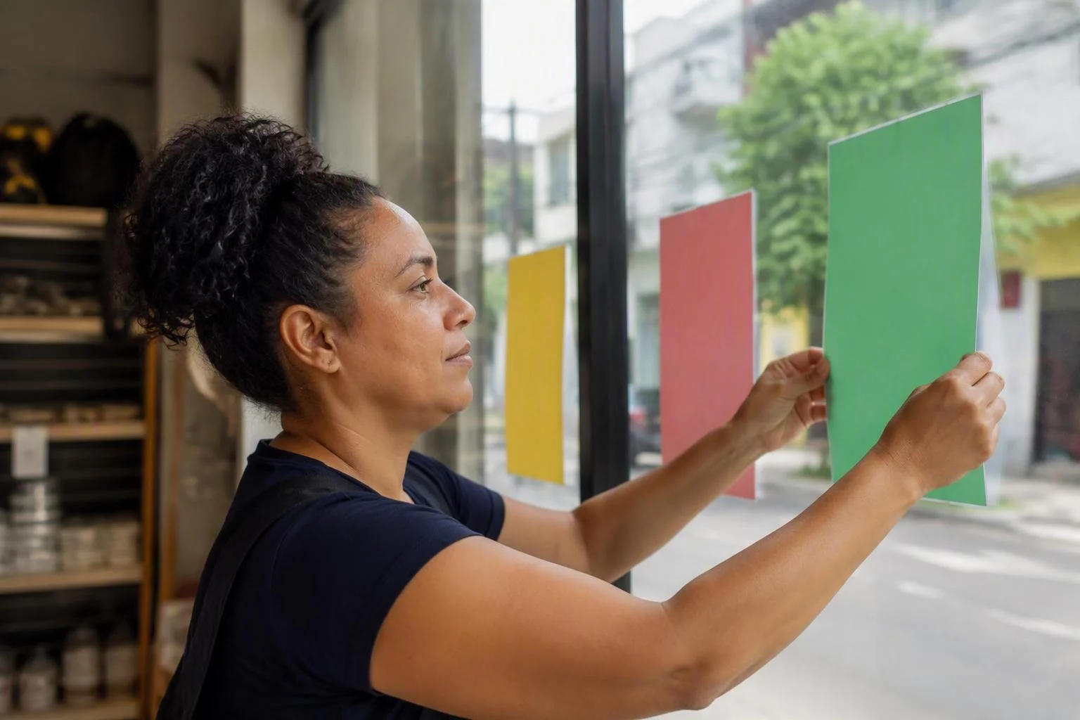 Vitrine vista de dentro, com cartazes de preço virados para a rua